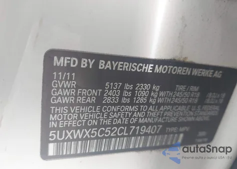 2012 BMW X3 xDrive28I z USA, uszkodzony, nr VIN 5UXWX5C52CL719407